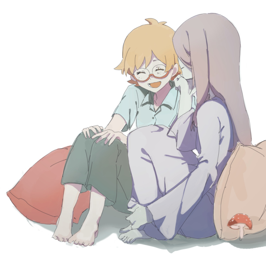 2girls, :d, barefoot, brown_hair, chin_rest, closed_eyes, freckles, glasses
