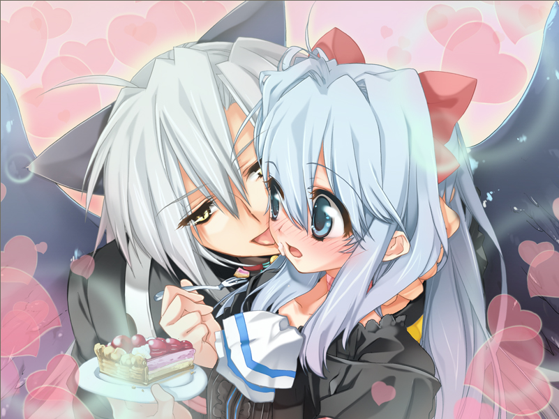 animal_ears, ashe_(cg), blue_eyes, blush, bow, cat_ears, couple, dress