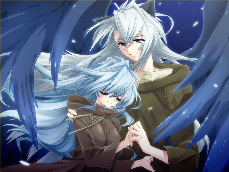 1girl, angel_wings, animal_ears, ashe_(cg), ashe_(under_the_moon), blue_hair, cat_ears, cloak