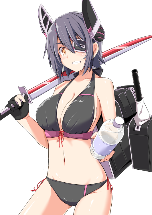 1girl, bikini, black_bikini, black_hair, bottle, breasts, cowboy_shot, eyepatch