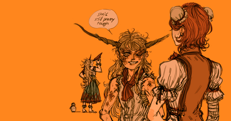 3girls, bandage, bandaged_arm, barefoot, blonde_hair, blue_dress, bow, bruise