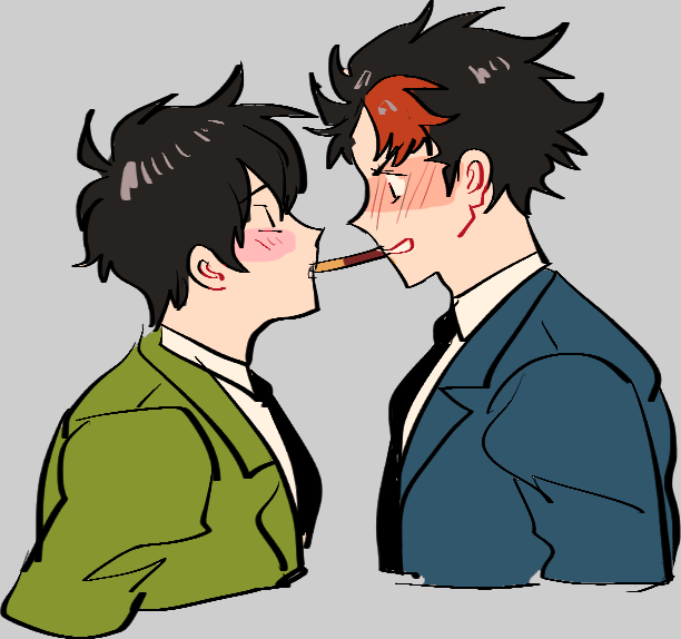 2boys, black_hair, black_necktie, blazer, blush, closed_eyes, edward_the_blue_engine, food