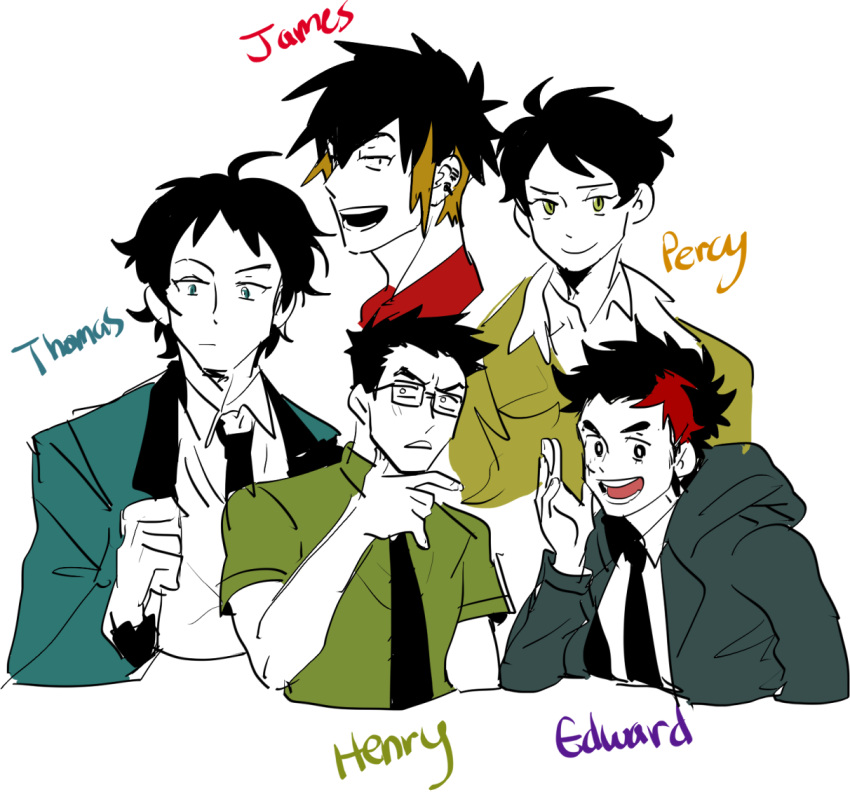 5boys, black_hair, blazer, character_name, chin_stroking, ear_piercing, edward_the_blue_engine, glasses