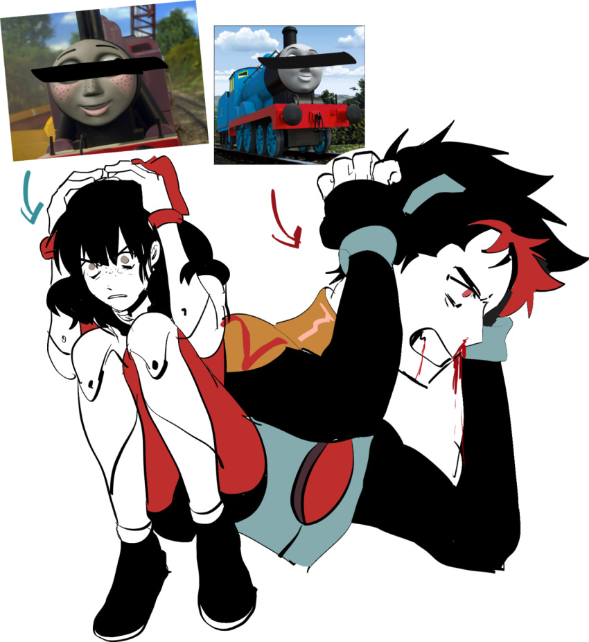 1boy, 1girl, black_hair, blood, censored, clenched_teeth, constricted_pupils, edward_the_blue_engine