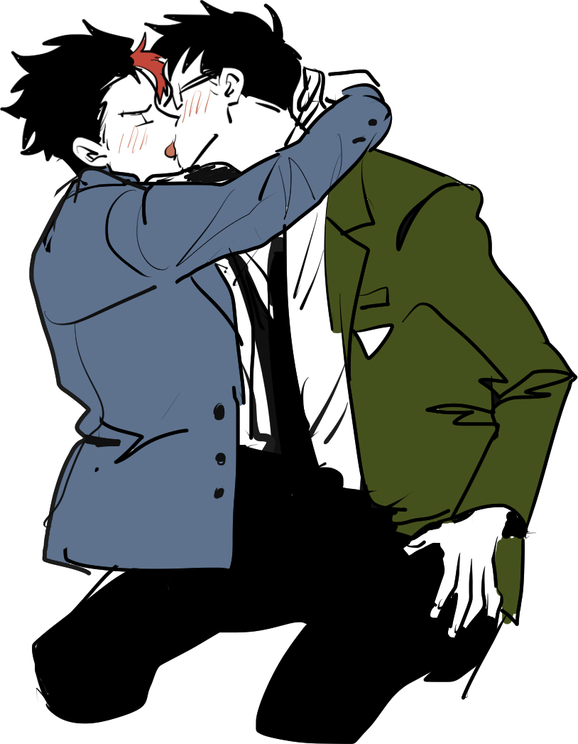 2boys, arms_around_neck, black_necktie, blazer, blush, closed_eyes, edward_the_blue_engine, glasses