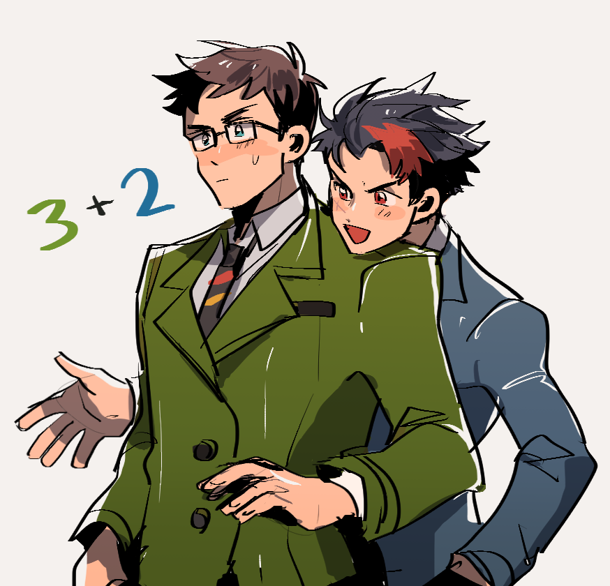2boys, black_hair, blazer, blue_eyes, brown_eyes, edward_the_blue_engine, glasses, glasses_enthusiast