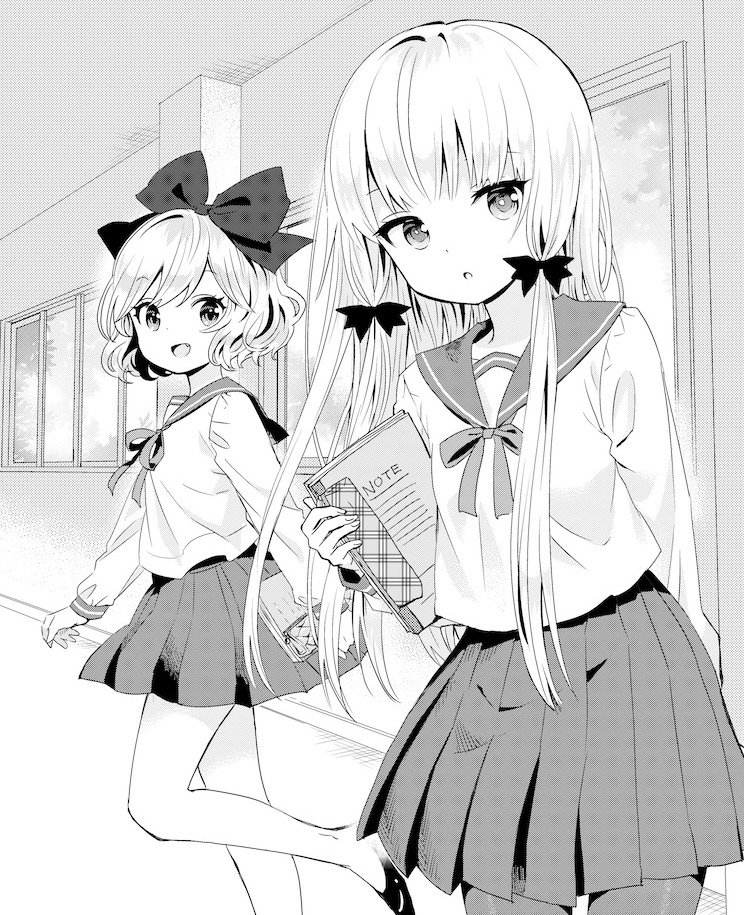 2girls, :d, :o, ama-tou, arms_at_sides, arms_behind_back, bow, collar