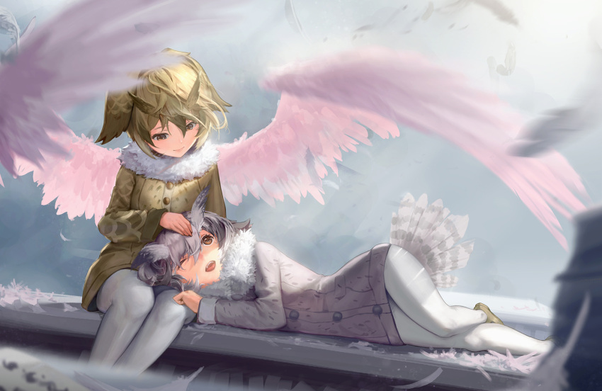 2girls, ;d, alternate_wings, angel_wings, blurry, brown_eyes, buttons, clenched_hand