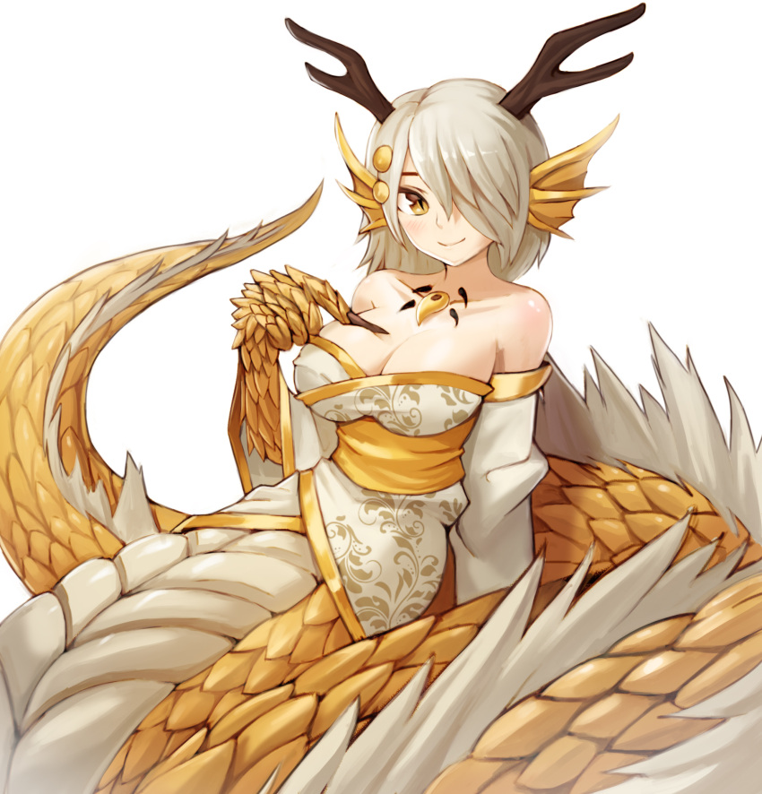 1girl, bare_shoulders, breasts, claws, cleavage, collarbone, dragon_girl, eastern_dragon