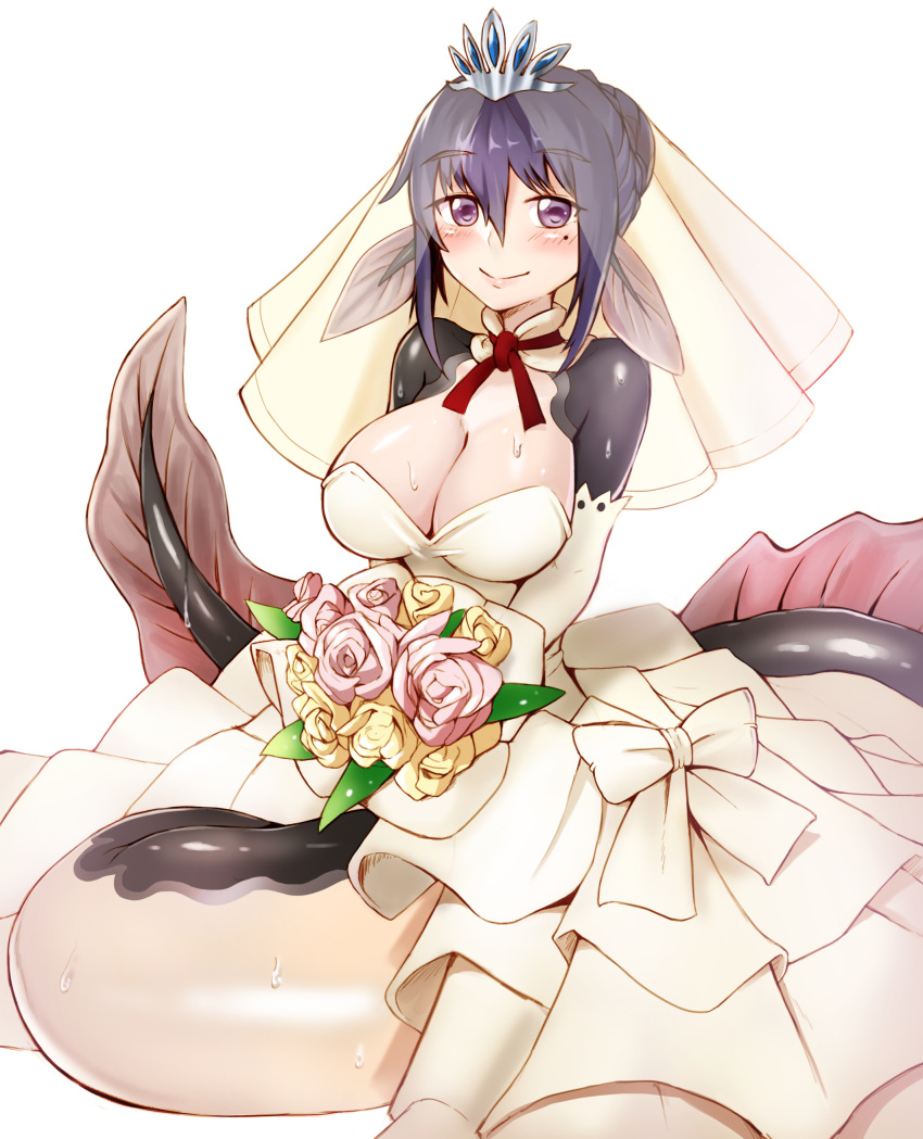 1girl, absurdres, alternate_costume, blush, bouquet, braid, breasts, bridal_veil, cleavage, crown_braid, detached_collar, dress, eel_girl, elbow_gloves, eyebrows_visible_through_hair, flower, french_braid, gloves, hair_between_eyes, hair_bun, head_fins, highres, holding, holding_bouquet, large_breasts, looking_at_viewer, mermaid, mole, mole_under_eye, monster_girl, monster_girl_encyclopedia, purple_hair, simple_background, smile, solo, sookmo, tiara, unagi_jorou_(monster_girl_encyclopedia), veil, violet_eyes, wedding_dress, white_background, white_dress, white_gloves