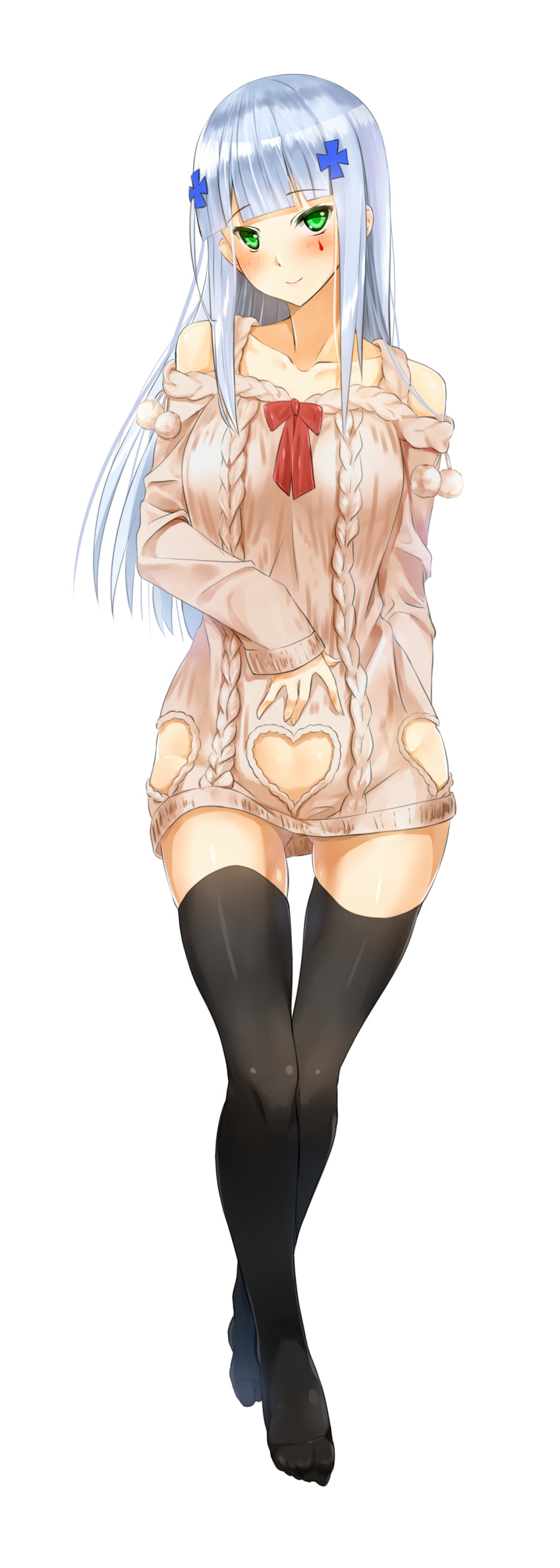 1girl, absurdres, assault_rifle, black_legwear, blue_hair, blush, collarbone, girls_frontline