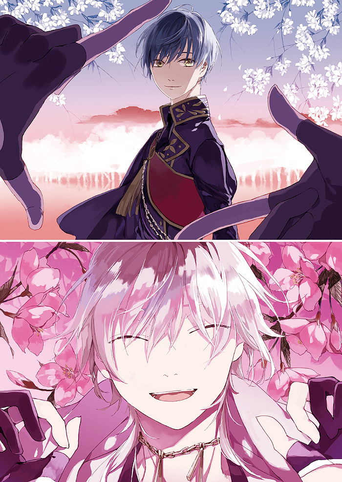 2boys, ^_^, aqua_hair, black_gloves, cherry_blossoms, closed_eyes, finger_frame, gloves
