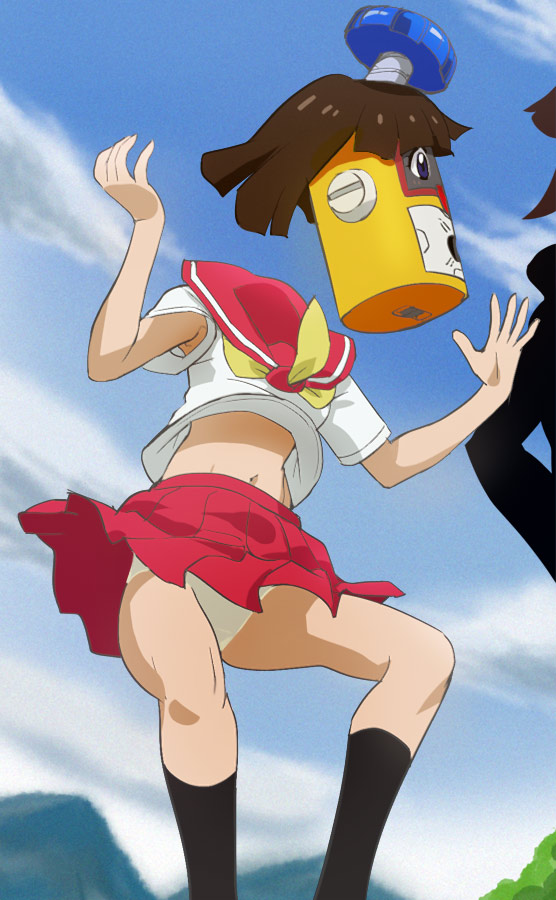 1girl, brown_hair, haruyama_kazunori, heybot!, heybot_(character), midriff, navel, panties