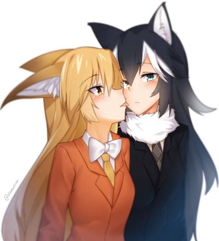 2girls, animal_ears, black_hair, blazer, blonde_hair, blue_eyes, blush, bow