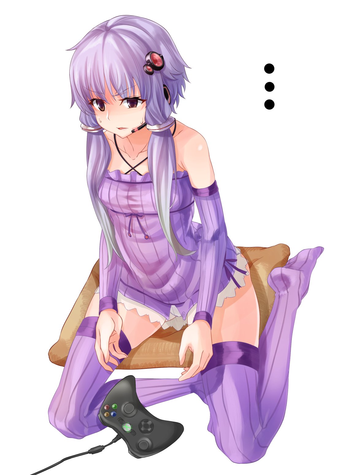 ..., 1girl, bangs, bare_shoulders, breasts, brown_eyes, collarbone, controller, detached_sleeves, dress, full_body, game_console, game_controller, hair_ornament, highres, low_twintails, parted_lips, purple_dress, purple_hair, purple_legwear, shio_pasta, short_dress, short_hair_with_long_locks, sitting, small_breasts, solo, strapless, strapless_dress, striped, striped_legwear, sweat, thigh-highs, tube_dress, twintails, vertical-striped_legwear, vertical_stripes, vocaloid, voiceroid, xbox, yokozuwari, yuzuki_yukari