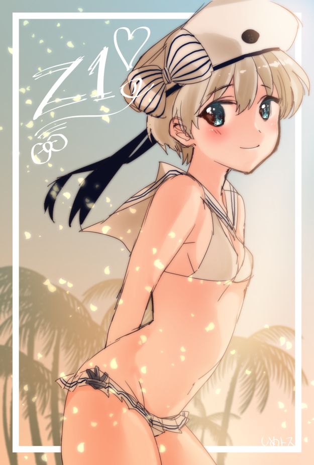 1girl, bikini, bikini_skirt, blue_eyes, clothes_writing, flat_chest, frilled_skirt, frills