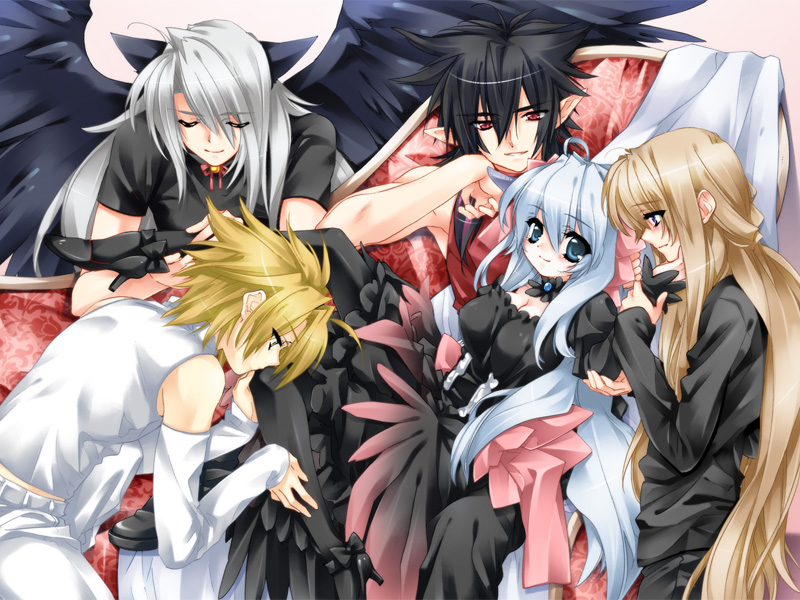 animal_ears, ashe_(cg), ashe_(under_the_moon), black_hair, blonde_hair, blue_eyes, blue_hair, cat_ears