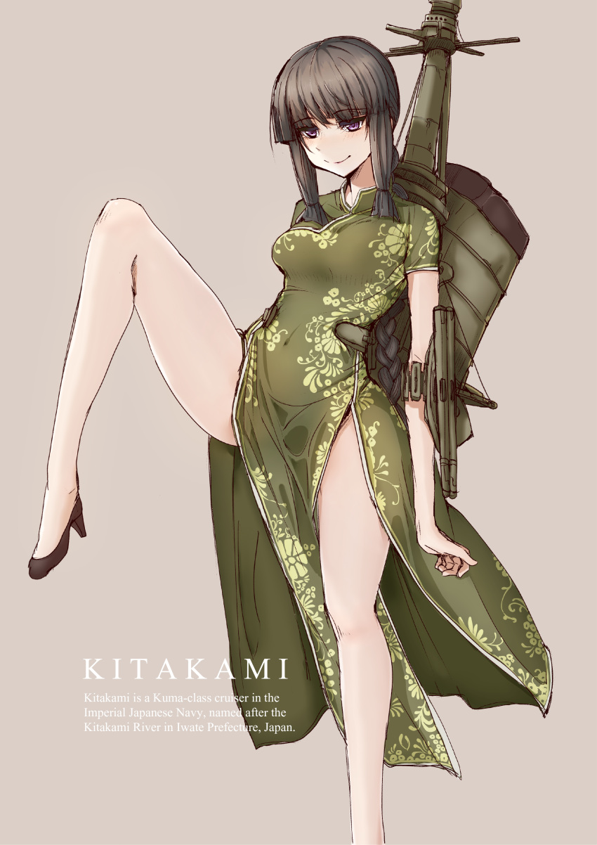 1girl, absurdres, arm_strap, bangs, bare_legs, beige_background, black_hair, blunt_bangs, breasts, brown_eyes, china_dress, chinese_clothes, commentary_request, dress, english, eyebrows, eyebrows_visible_through_hair, floral_print, fuu__taro, high_heels, highres, kantai_collection, kitakami_(kantai_collection), knee_up, leg_up, medium_breasts, rigging, short_sleeves, side_slit, sidelocks, sketch, smile, solo, thighs, tight_dress