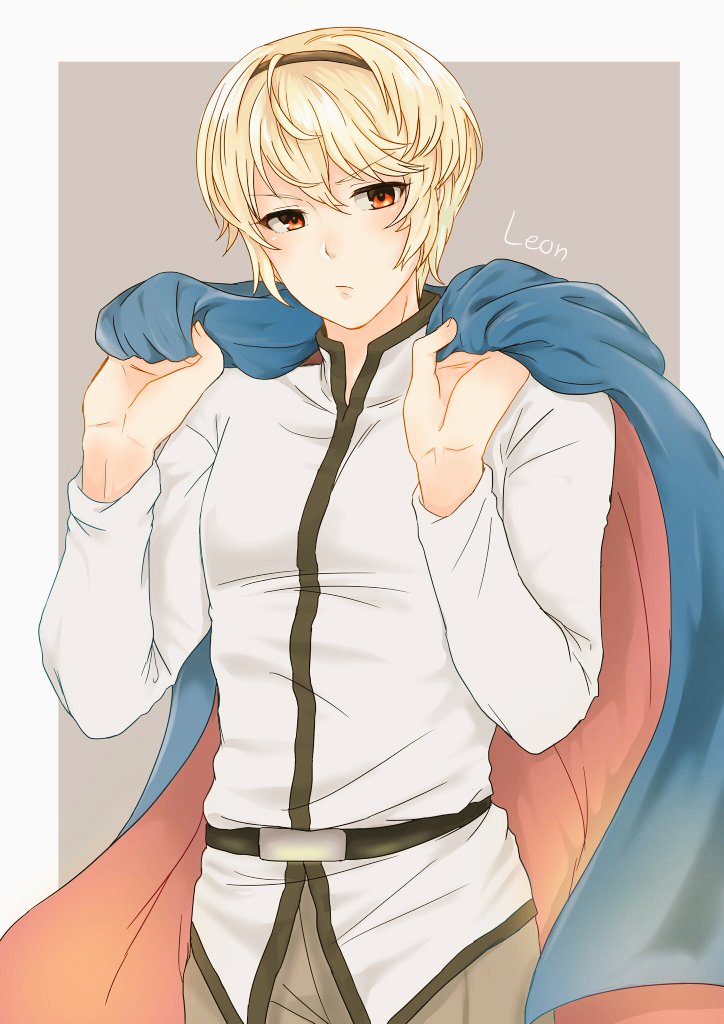 1boy, akina_(akn1819), belt, blonde_hair, cape, character_name, fire_emblem, fire_emblem_if, hairband, leon_(fire_emblem_if), male_focus, red_eyes, solo, upper_body