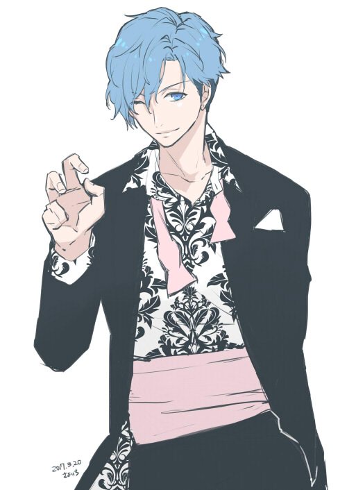 1boy, 2017, ;), aizome_kento, b-project, blue_eyes, blue_hair, brown_hair, collarbone, jacket, one_eye_closed, open_clothes, open_jacket, smile, undercut, wand3754