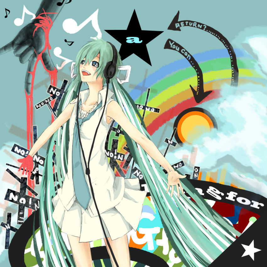 green_hair, hatsune_miku, headphones, highres, long_hair, necktie, pop-req, skirt