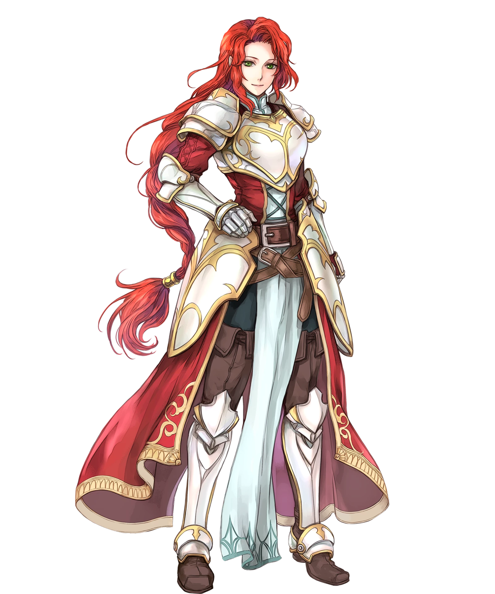 1girl, armor, armored_boots, belt, boots, braid, breastplate, fire_emblem, fire_emblem:_souen_no_kiseki, fire_emblem_heroes, full_body, gauntlets, green_eyes, hand_on_hip, highres, long_hair, looking_at_viewer, official_art, pants, pauldrons, pelvic_curtain, redhead, single_braid, smile, solo, standing, tiamat_(fire_emblem), titania, transparent_background, very_long_hair, wada_sachiko