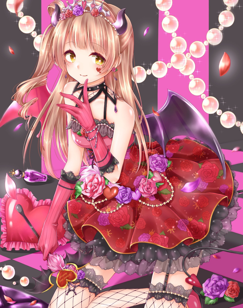 1girl, bangs, bottle, bracelet, brown_hair, collar, demon_horns, demon_tail