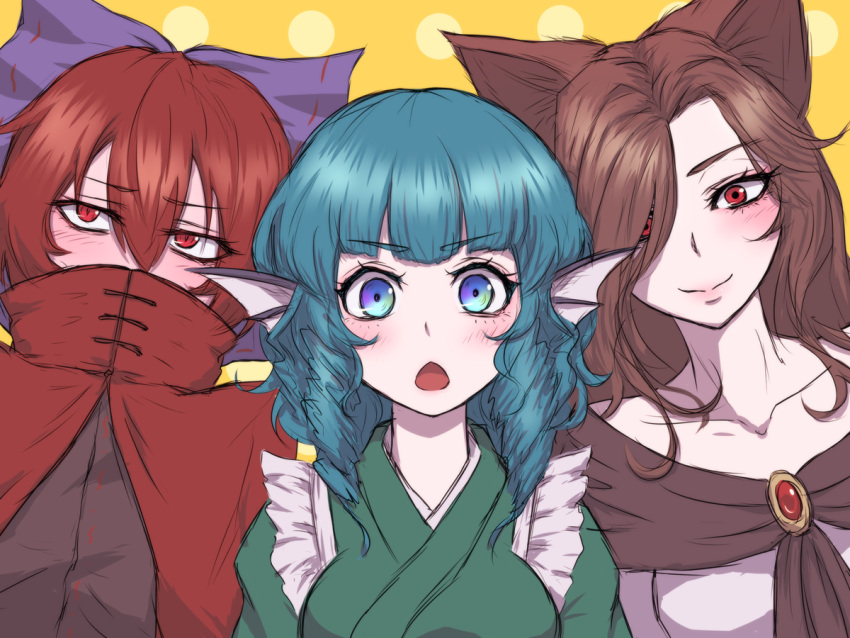 3girls, animal_ears, bangs, black_shirt, blue_eyes, blue_hair, blush, bow