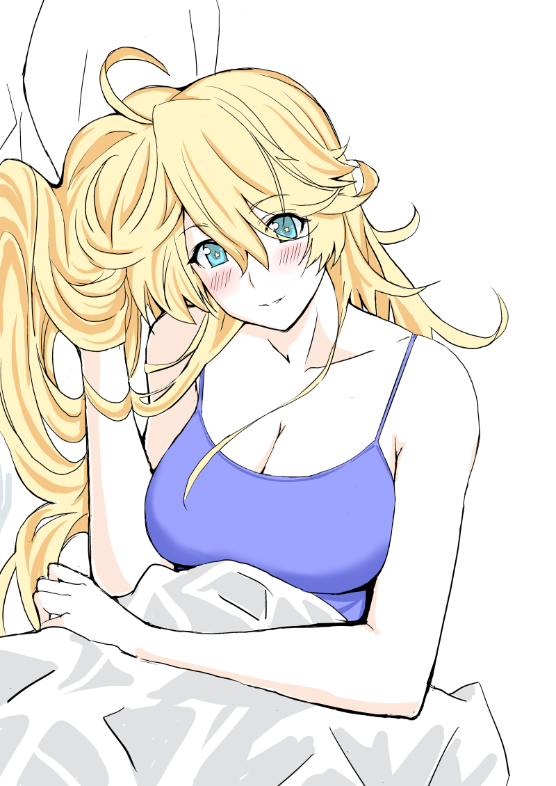 bed_sheet, blonde_hair, blue_eyes, breasts, cleavage, hair_between_eyes, iowa_(kantai_collection), kantai_collection
