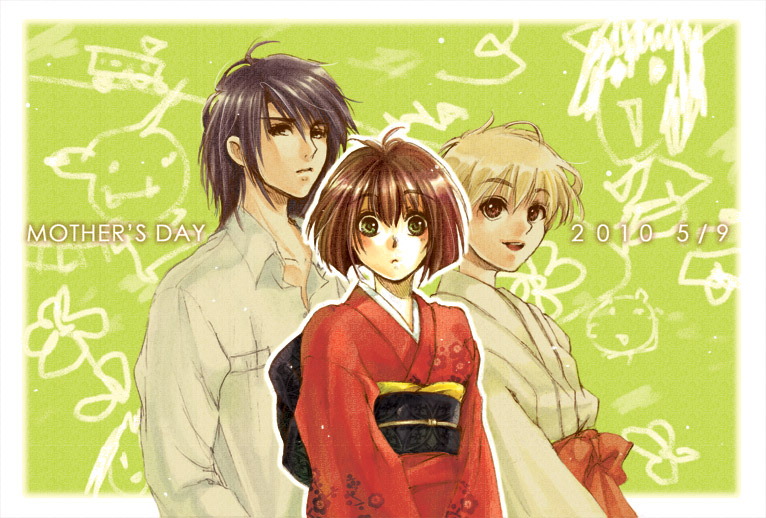 1girl, 2boys, black_hair, blonde_hair, blush, bob_cut, brown_eyes, brown_hair