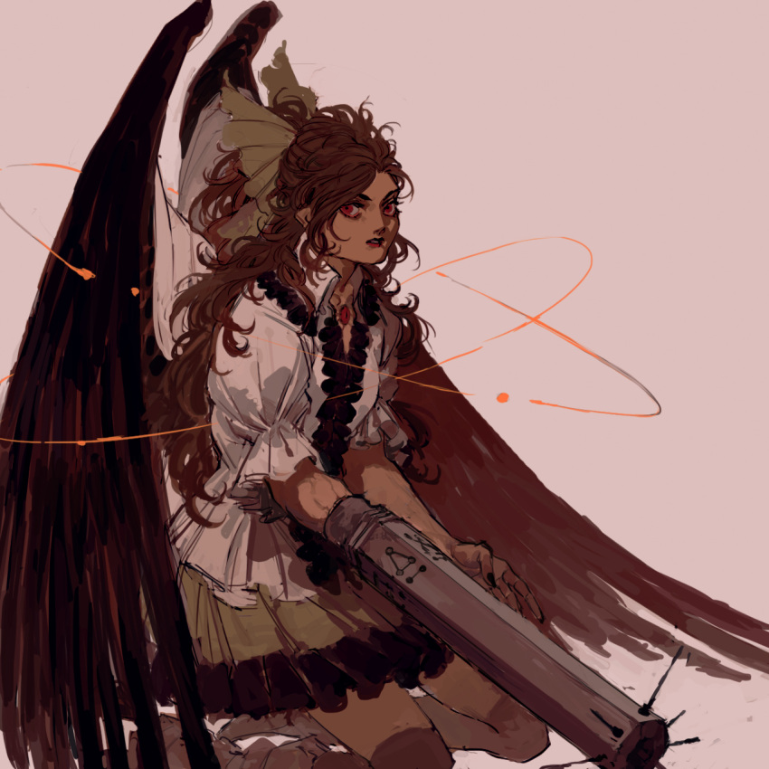 arm_cannon, black_frills, black_hair, black_wings, bow, cape, green_bow, green_skirt