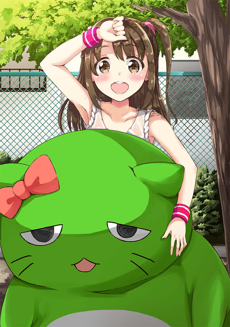 1girl, :d, armpits, brown_eyes, brown_hair, collarbone, cosplay, hot