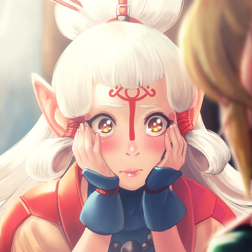1boy, 1girl, bead_necklace, beads, blonde_hair, blush, brown_eyes, eye_contact