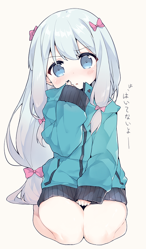 1girl, bangs, blue_eyes, blush, eromanga_sensei, eyebrows_visible_through_hair, full_body, grey_background
