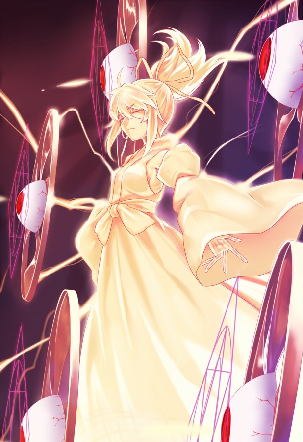 1girl, closed_eyes, detached_sleeves, extra_eyes, japanese_clothes, kaiza_(rider000), lightning, magic_circle