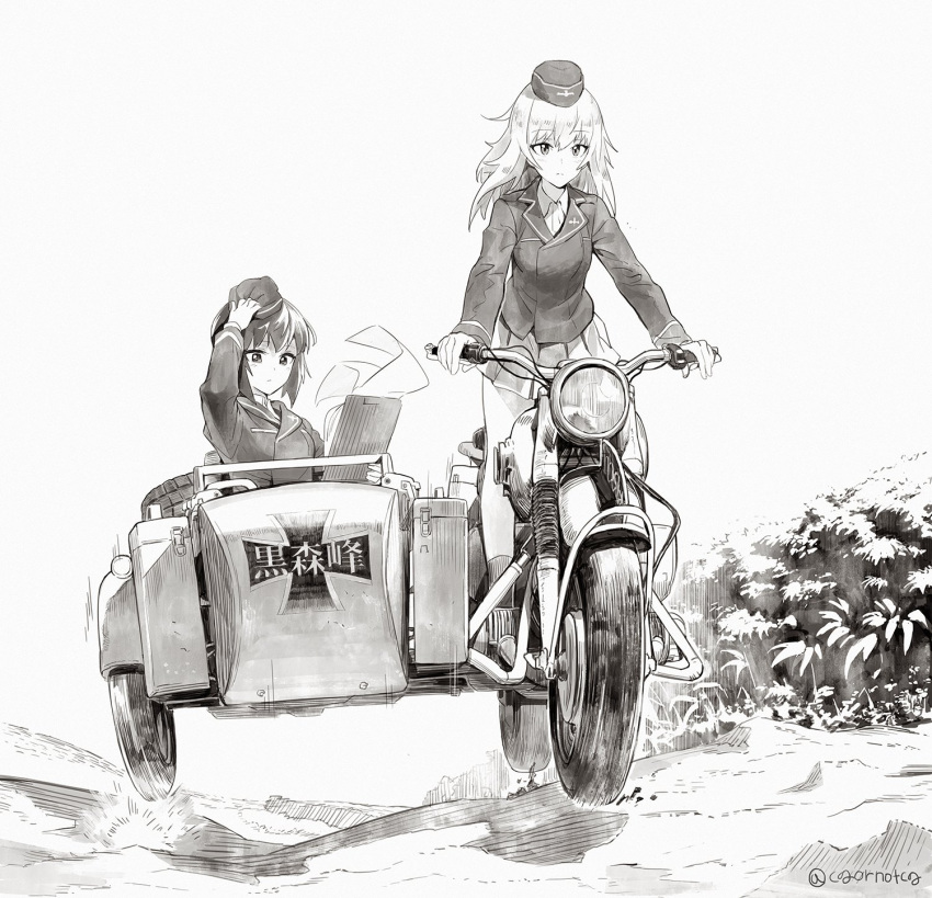 10s, 2girls, flower, girls_und_panzer, greyscale, ground_vehicle, hand_on_headwear, hat