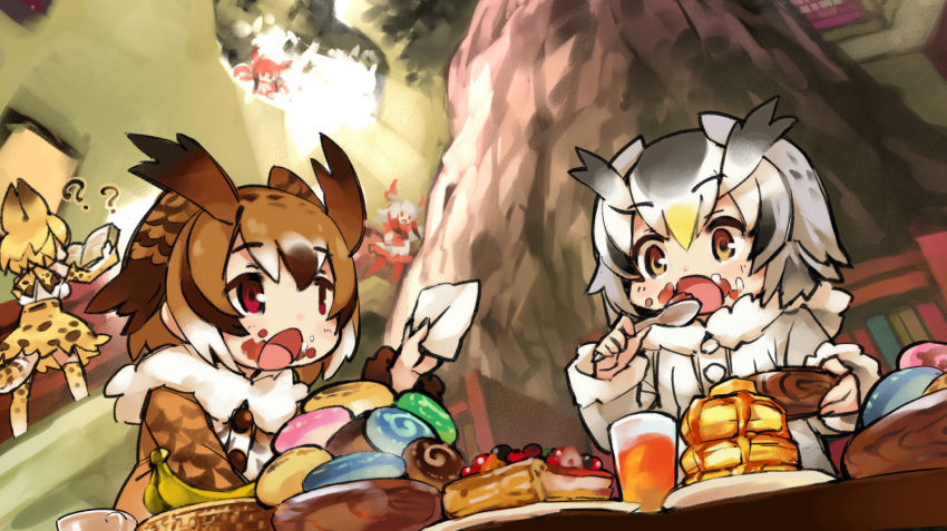 5girls, ??, animal_ears, banana, black_hair, blonde_hair, blueberry, book, brown_eyes, brown_hair, butter, cup, drinking_glass, eating, elbow_gloves, eurasian_eagle_owl_(kemono_friends), food, food_on_face, fruit, fruit_pie, gloves, head_wings, high-waist_skirt, holding, holding_book, holding_spoon, indoors, itukitasuku, japanese_crested_ibis_(kemono_friends), japari_bun, kemono_friends, long_sleeves, looking_at_another, multicolored_hair, multiple_girls, napkin, northern_white-faced_owl_(kemono_friends), open_book, open_mouth, pancake, pantyhose, plate, red_eyes, red_legwear, redhead, scarlet_ibis_(kemono_friends), serval_(kemono_friends), serval_ears, serval_print, serval_tail, shirt, skirt, sleeveless, sleeveless_shirt, slice_of_pie, stack_of_pancakes, stairs, standing, strawberry, striped_tail, sunlight, syrup, tail, teacup, thigh-highs, tree, white_hair, white_shirt