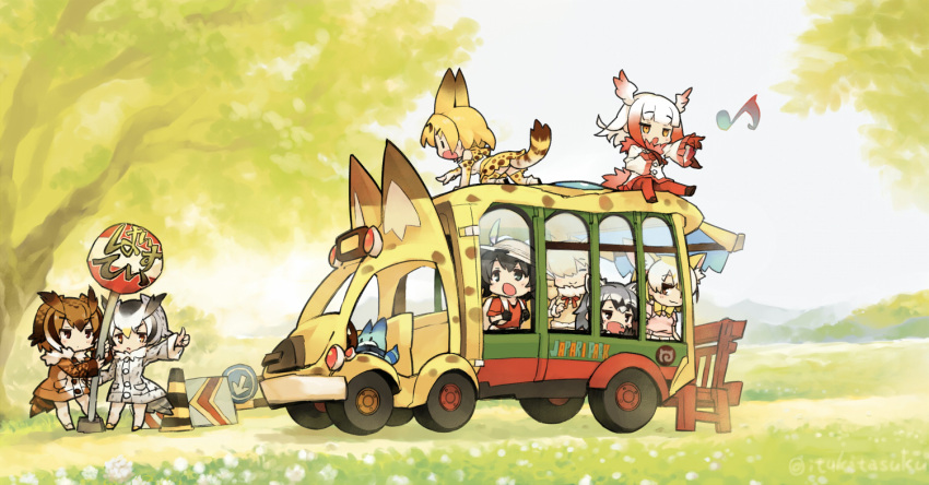 6+girls, :3, ^_^, all_fours, alpaca_suri_(kemono_friends), animal_ears, backpack, bag