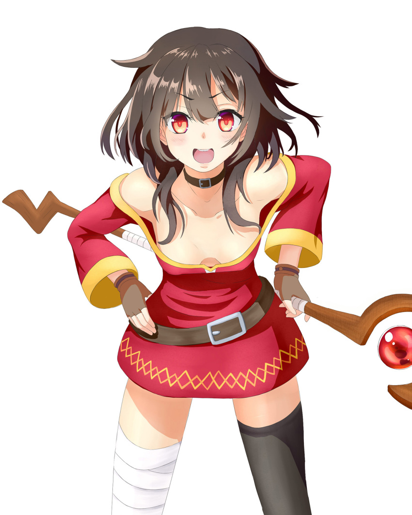 >:d, 1girl, :d, bandaged_leg, belt, bentoutou, black_hair, black_legwear