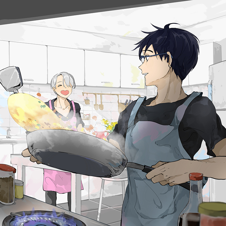 2boys, apron, black_hair, brown_eyes, closed_eyes, cooking, food, frying_pan