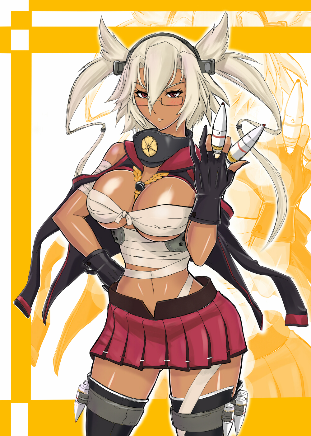 >:(, 1girl, bandage, black_gloves, black_legwear, blush, breasts, budget_sarashi