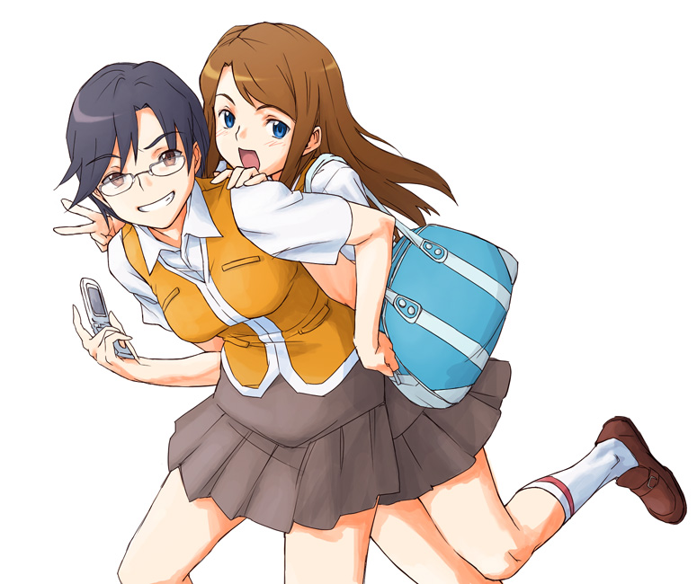 babynine, black_hair, blue_eyes, brown_eyes, brown_hair, cellphone, glasses, harada_chie, long_hair, mai_hime, minato_fumi, my-hime, phone, school_uniform, senou_aoi, short_hair, skirt