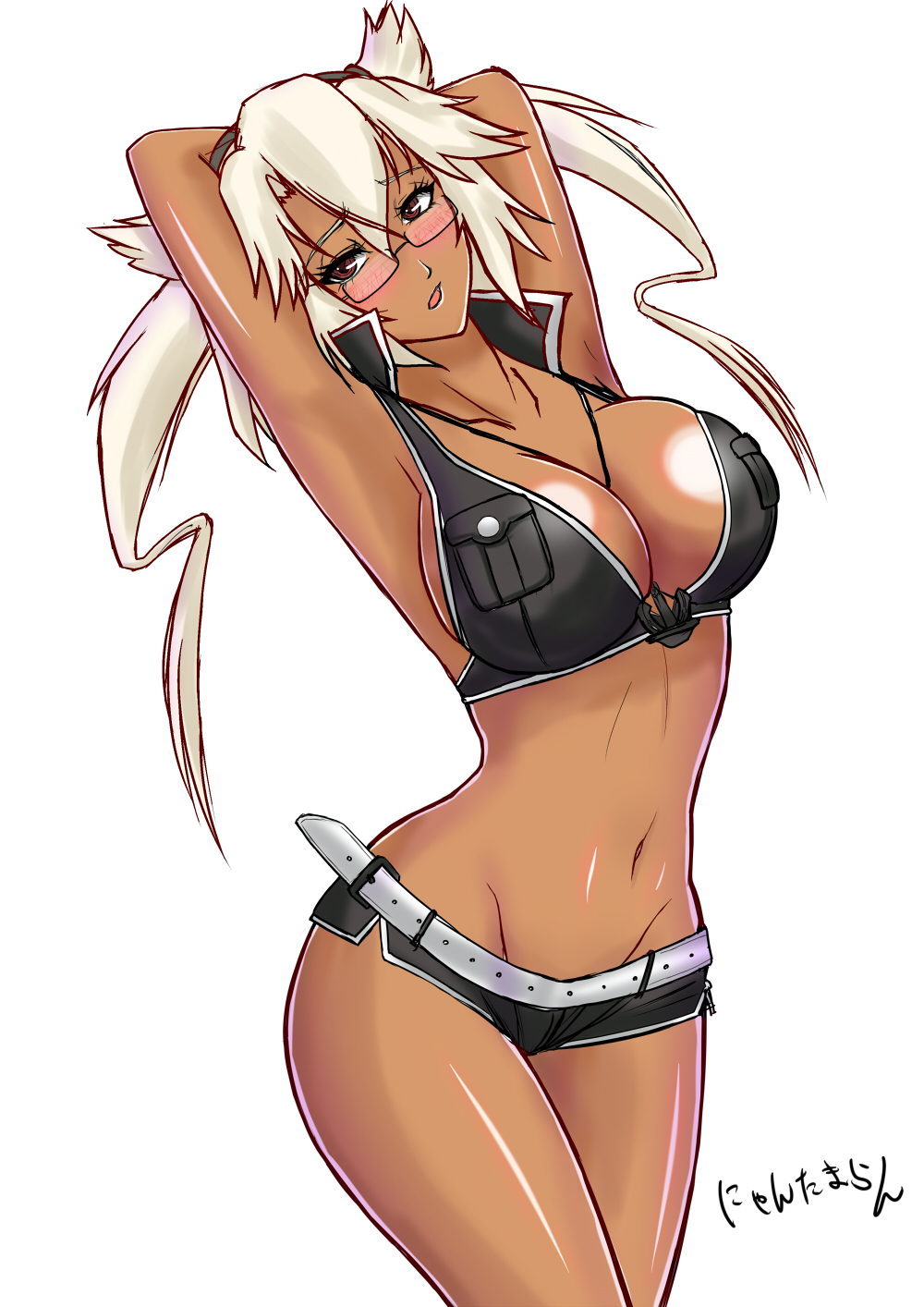 1girl, anchor_necklace, armpits, arms_behind_head, arms_up, belt, black_bikini_top, black_shorts
