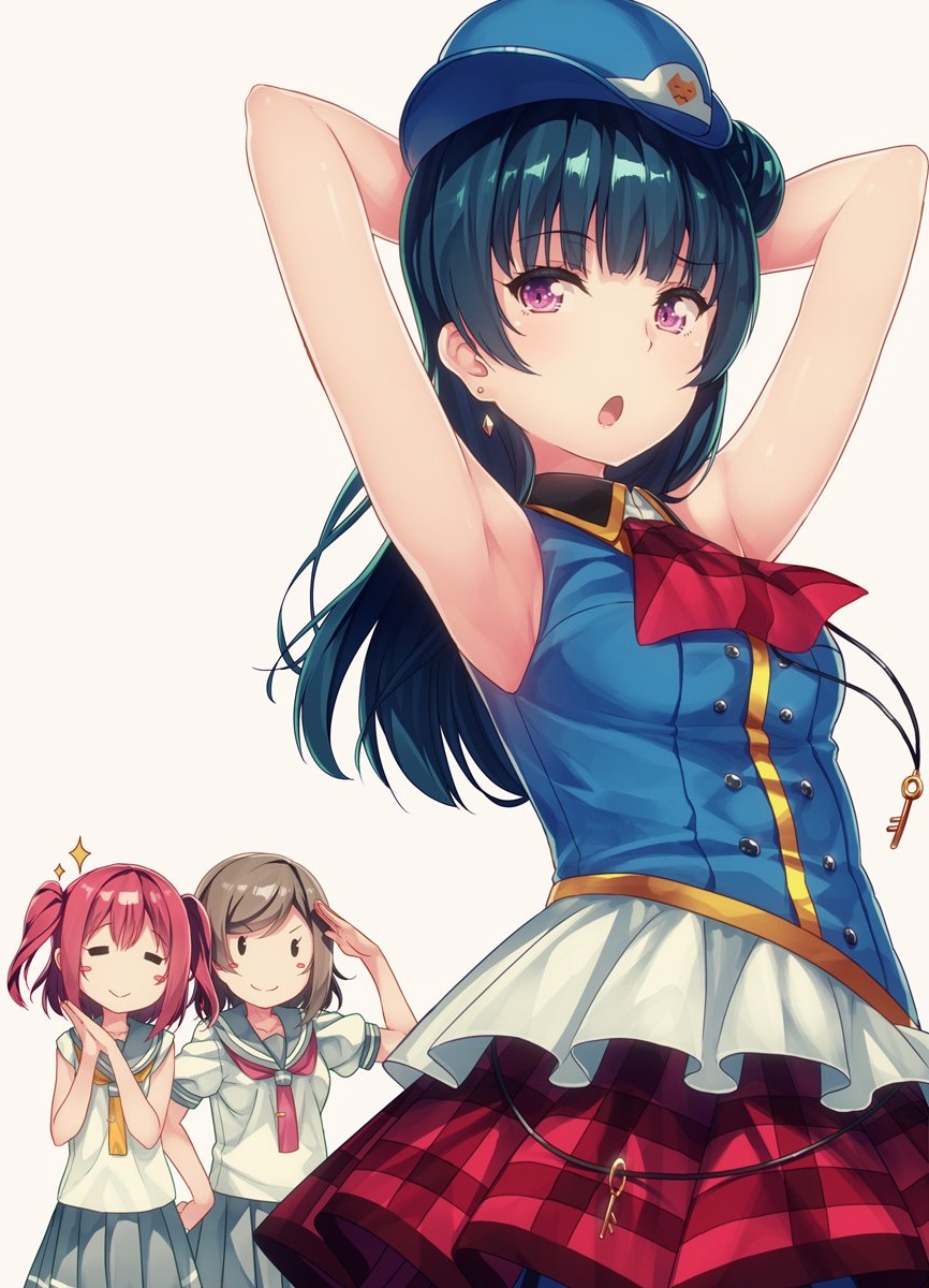 >:), 3girls, :o, =_=, armpits, arms_behind_head, ascot, bangs