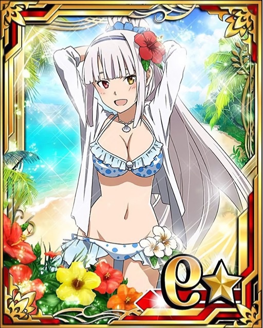 1girl, arms_behind_head, beach, bikini, breasts, card_(medium), cleavage, flower, groin, hair_flower, hair_ornament, hairband, heterochromia, hibiscus, high_ponytail, jacket, jewelry, large_breasts, long_hair, looking_at_viewer, navel, necklace, number, ocean, open_clothes, open_jacket, open_mouth, orange_flower, red_eyes, red_flower, seven_(sao), silver_hair, solo, star, swimsuit, sword_art_online, white_bikini, white_flower, white_jacket, yellow_eyes, yellow_flower