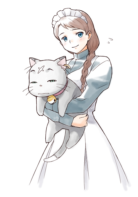 asymmetrical_hair, babynine, blue_eyes, braid, brown_hair, cat, long_hair, mai_otome