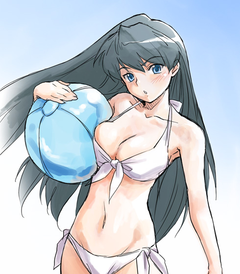 babynine, beachball, bikini, blue_eyes, breasts, cleavage, grey_hair, long_hair