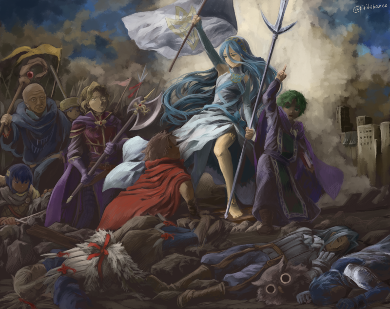 1girl, 6+boys, aqua_(fire_emblem_if), axe, blonde_hair, blue_hair, cape, death