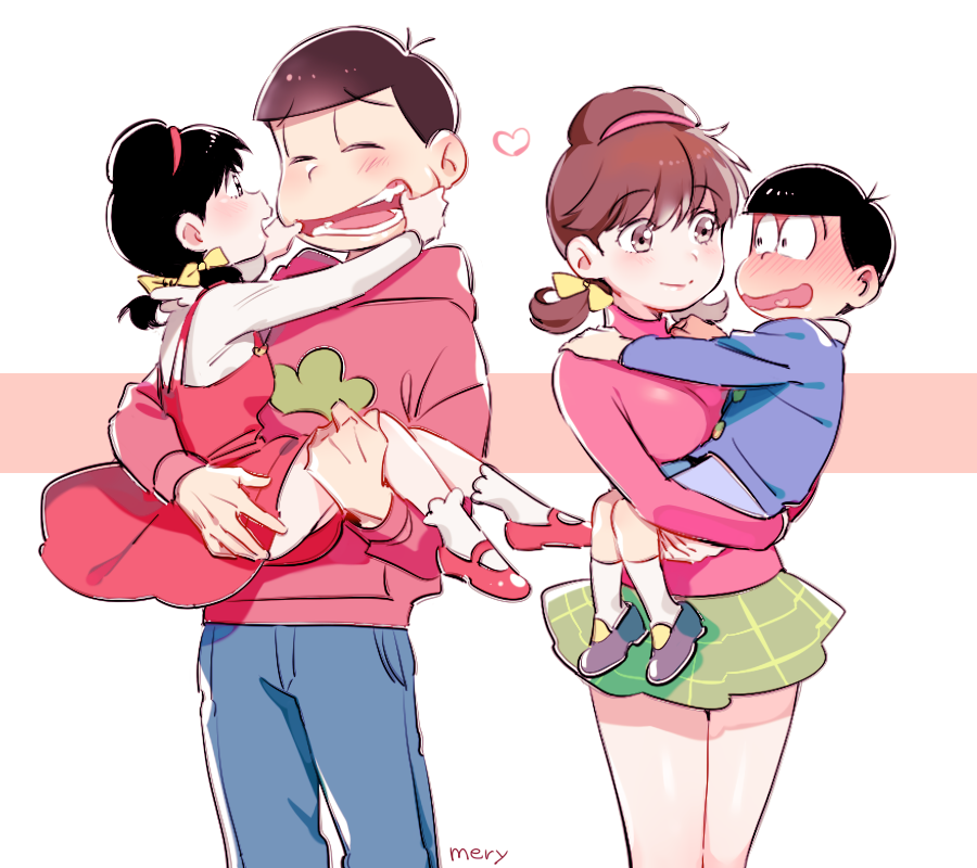 2boys, 2girls, black_hair, blush, bow, brown_eyes, brown_hair, carrying