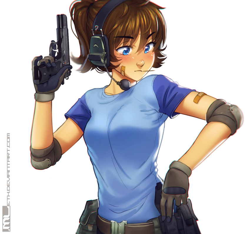 1girl, bandaid, bandaid_on_arm, bandaid_on_face, belt, belt_pouch, black_gloves, blue_eyes
